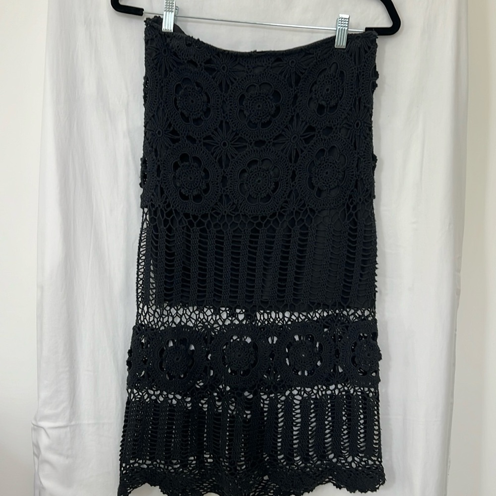 Black Cotton Crochet Pencil Skirt